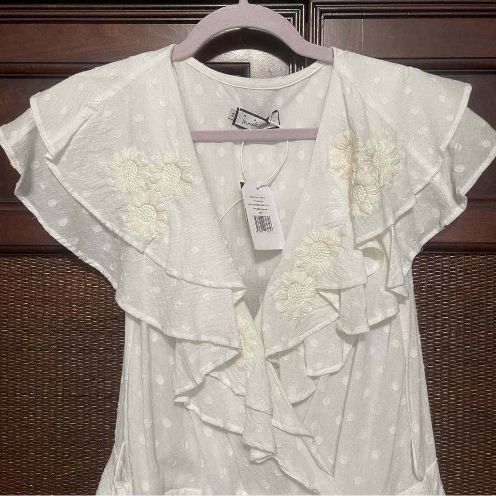 Innika Choo White Sailor Wrap Cotton Embroidered Ruffle Mini Dress Size 2/M — image 5 of 8